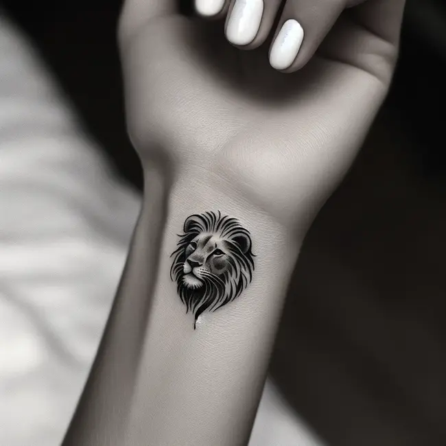 Татуировка минималистичного льва на женском запястье
