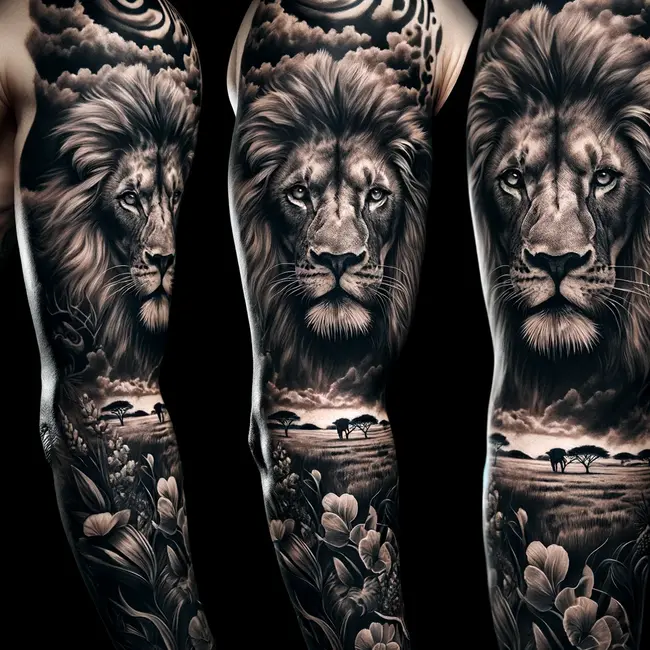 Lion sleeve tattoo in black and gray, with a lion's face at the center, encapsulated by a savannah landscape and African flora