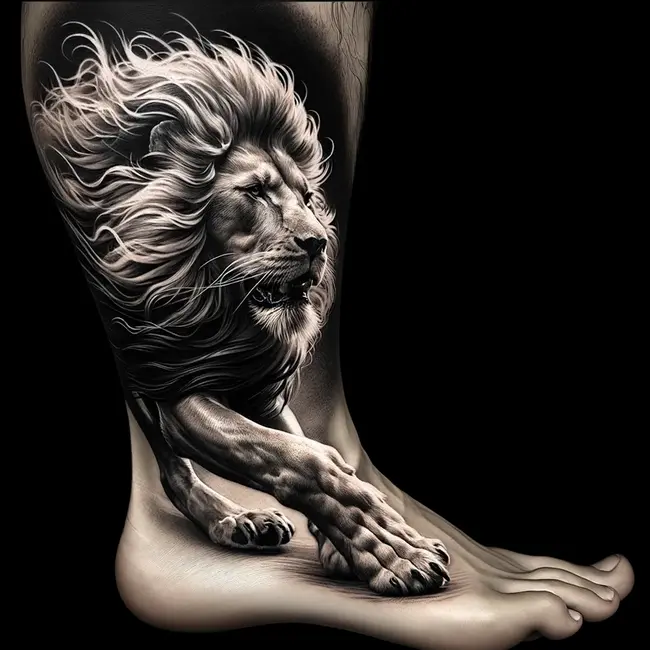 Изображение льва в полный рост с детальной штриховкой, подчеркивающей мускулатуру льва.