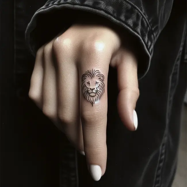 Minimalist lion's face tattoo on the index finger, crafted with fine lines to subtly yet expressively depict the lion's features