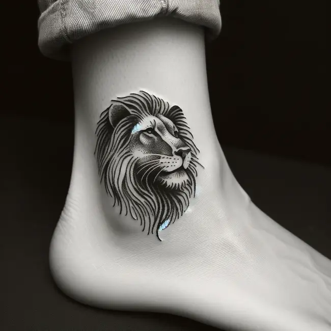 Lion's head tattoo around the ankle, rendered in black and grey with fine details and shading