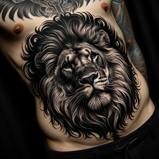 Lion's head tattoo on stomach, rendered with meticulous shading to emphasize the facial features and texture of the mane