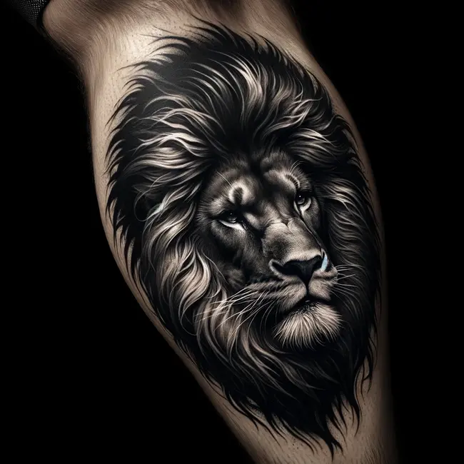 Calf tattoo with an emphasis on the lion's intense gaze and the detailed texture of its mane