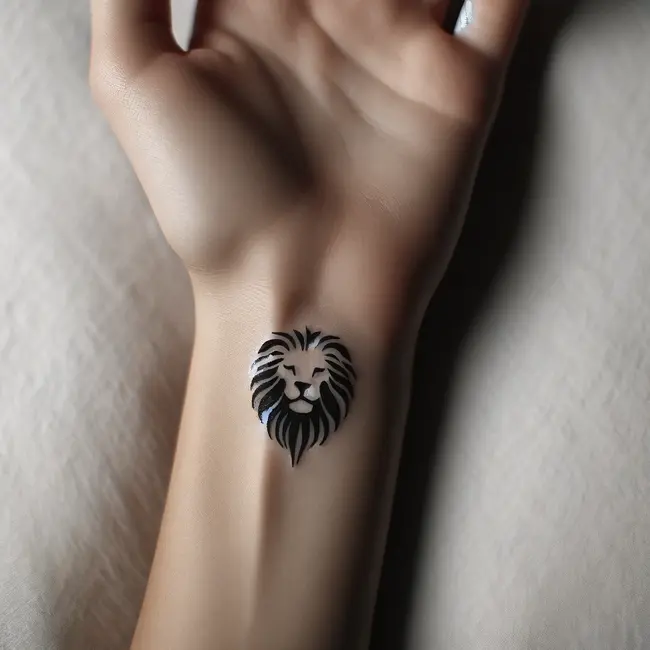 Simple lion silhouette tattoo on the wrist, designed with minimalist black ink lines to outline the lion's head