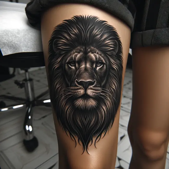 Lion's face tattoo centered, designed to fitting the upper knee's shape seamlessly