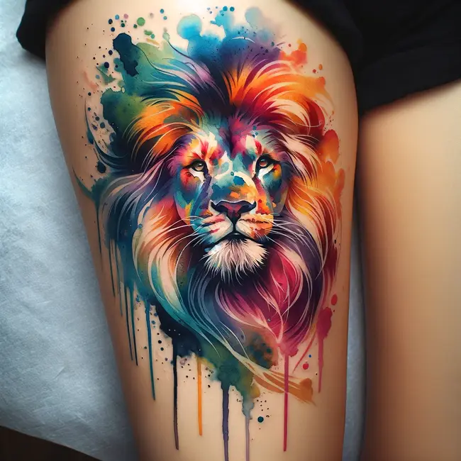 Watercolor thigh tattoo of a lion's face, using a spectrum of colors and fluid lines to create a dynamic and expressive portrayal