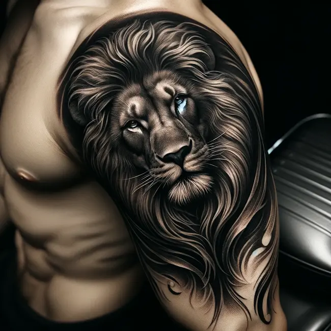 Lion tattoo on the biceps, designed to complement the shape of the biceps and emphasize masculine character