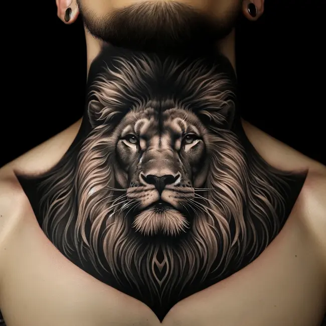 The image depicts a lion's face tattoo covering the throat, extending from the jawline to the collarbone