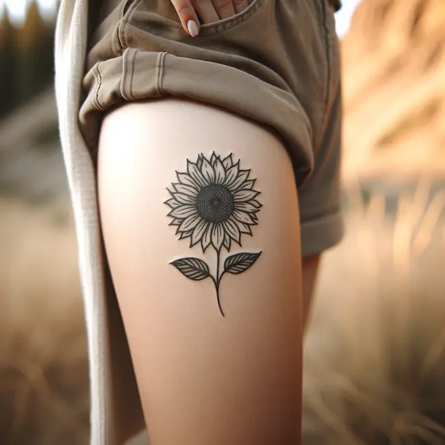The tattoo features a single sunflower on the thigh, emphasizing its straightforward beauty.