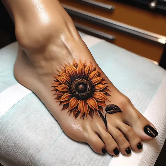 The image showcases a vibrant sunflower tattoo on the top of the foot, designed with detail for a striking effect.