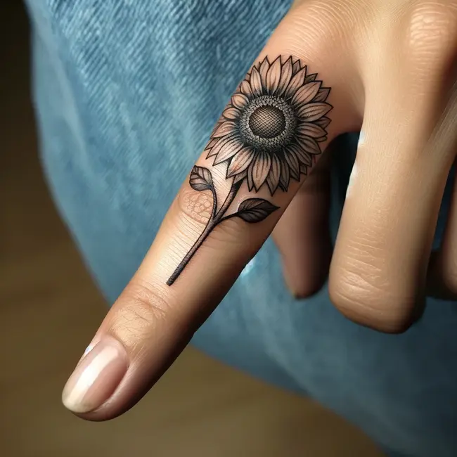 The tattoo showcases a detailed sunflower on the side of a finger, offering a delicate yet visually striking design.