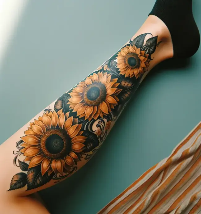 The image featuring a cluster of sunflowers on the calf, designed to flow naturally down the leg.