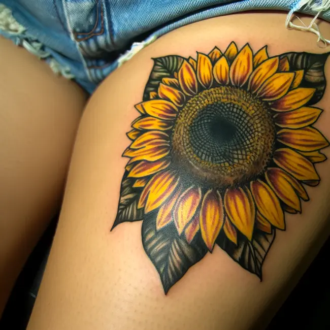 The image depicts a vibrant sunflower tattoo on the thigh, featuring a large, detailed sunflower with yellow petals and a dark center.