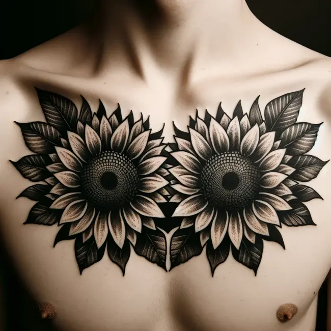 The image featuring a sunflower chest tattoo with a symmetrical design that frames the chest area with two large sunflowers.