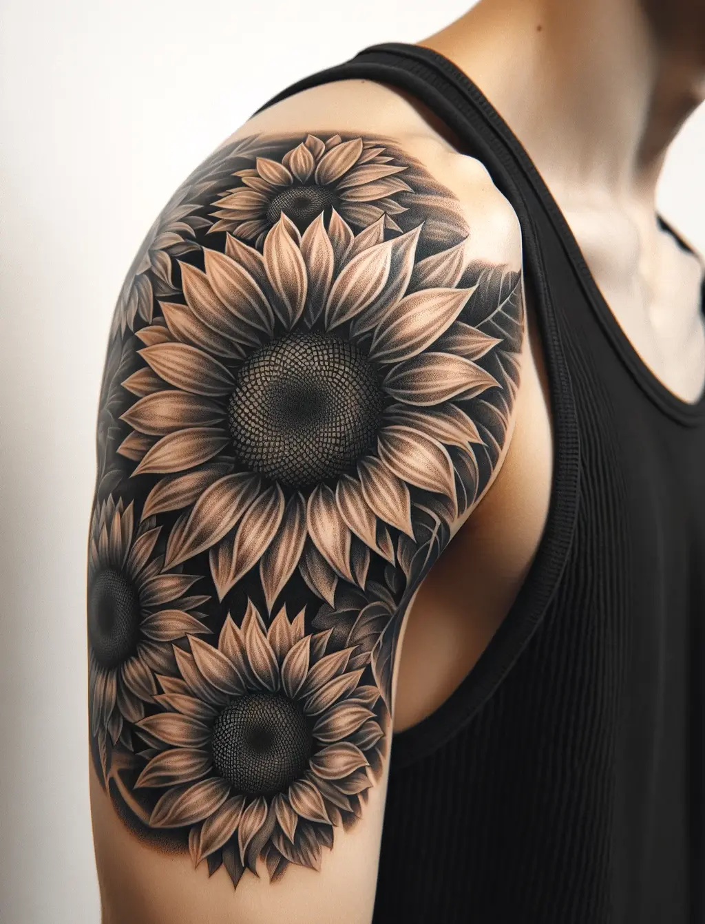 The tattoo features several sunflowers on the upper arm, extending from shoulder to elbow in a cohesive and visually appealing design.