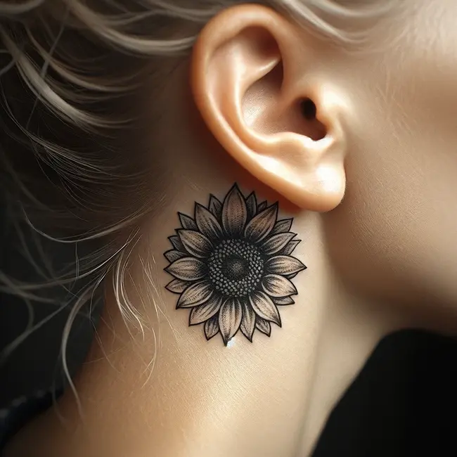 The image showcases a small, delicate sunflower tattoo positioned subtly behind the ear, creating a discreet yet charming effect.