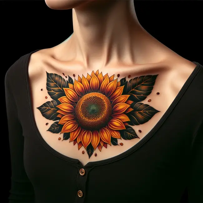 The image features a large, detailed sunflower tattoo symmetrically placed over the sternum, creating a bold yet elegant visual impact.