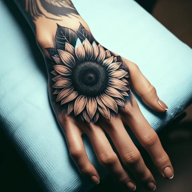The image showcases a vibrant sunflower tattoo on the back of the hand, featuring detailed petals and a dark center in a minimalist design.