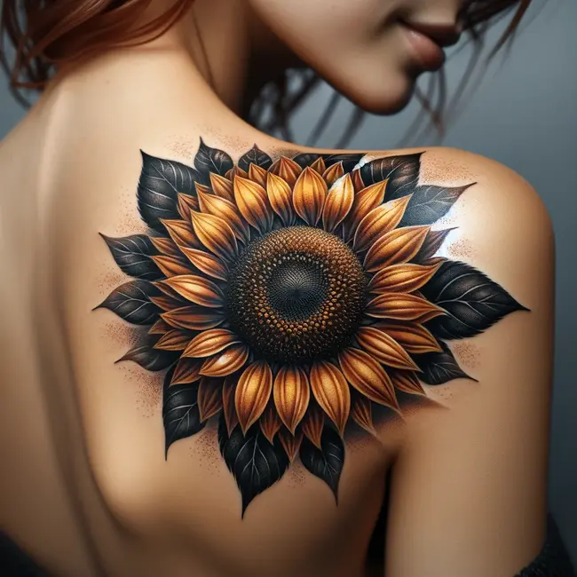 The tattoo features a vibrant sunflower on the shoulder, detailed to make a striking visual statement.