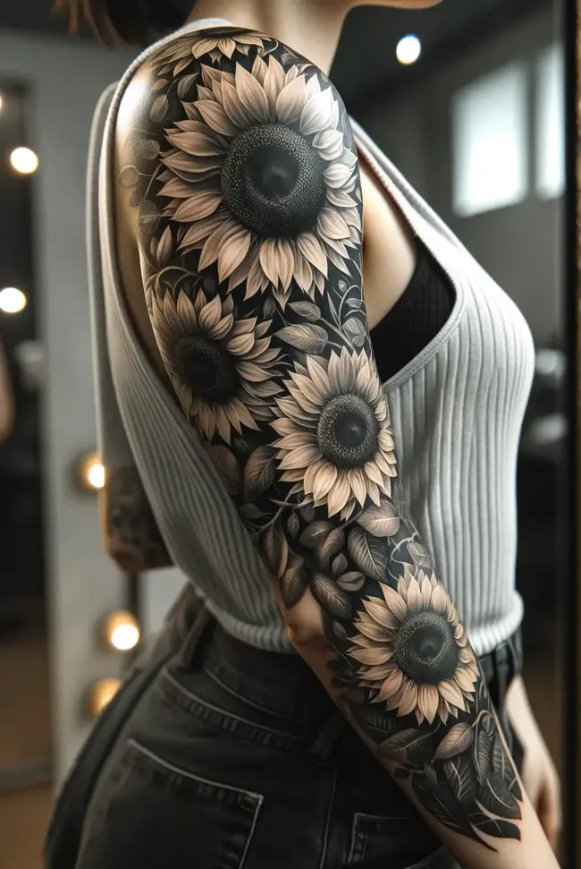 The tattoo showcases a series of sunflowers wrapping from shoulder to wrist on the arm, creating a seamless floral sleeve.