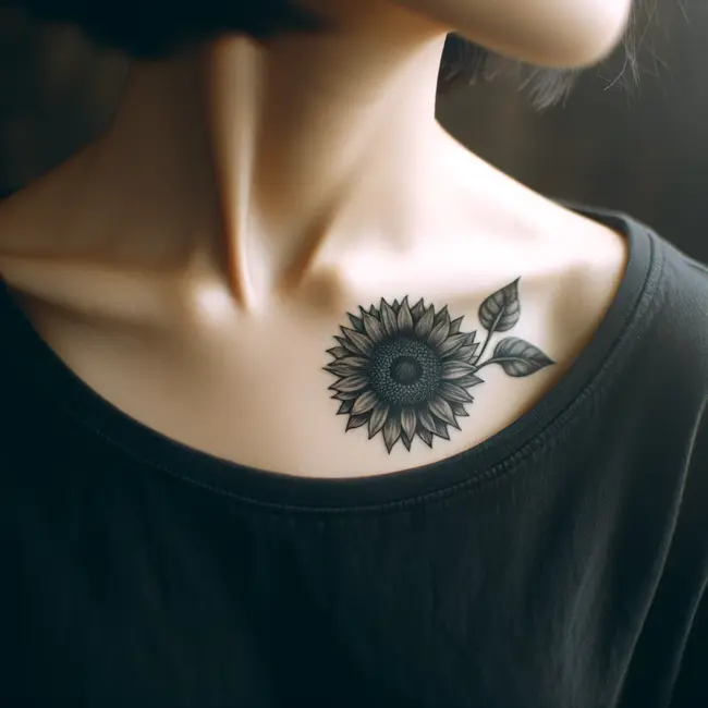 The image features a single, elegant sunflower tattoo situated just above the collarbone, providing a subtle yet beautiful adornment.