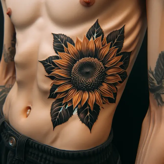 The tattoo features a vivid sunflower with detailed petals along the ribcage, offering a striking visual contrast.