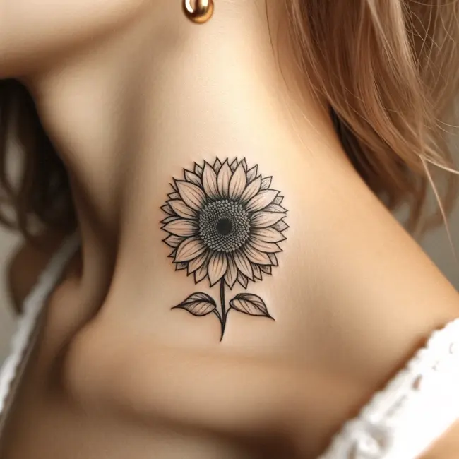 The image showcases a small, elegant sunflower tattoo with clear lines and a bright center, discreetly placed on the side of the neck.