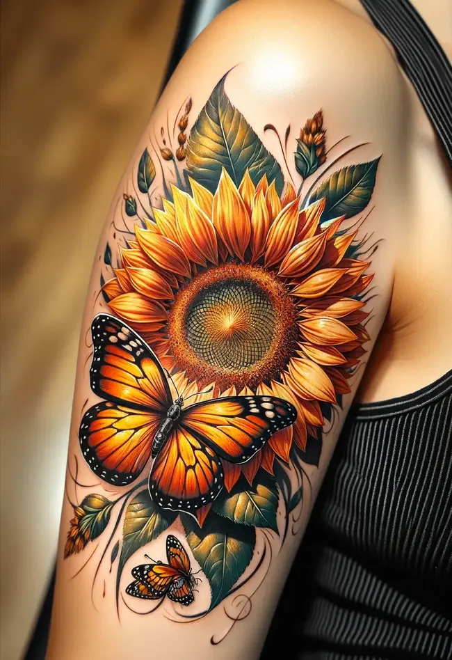 The tattoo showcases a sunflower with a butterfly on the upper arm, blending natural beauty in a striking design.