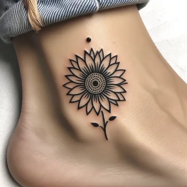 The tattoo depicts a minimalistic sunflower on the ankle, highlighting simplicity with basic lines and a dot for the core.