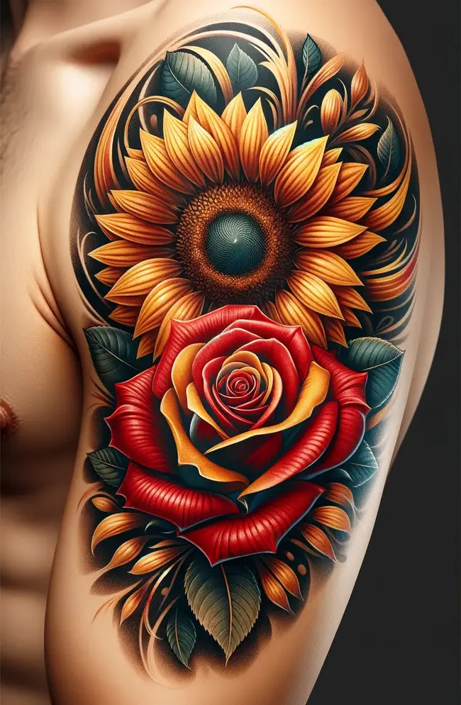 The image features a sunflower and rose tattoo on the upper arm, intertwining warmth and passion with vibrant and detailed petals.