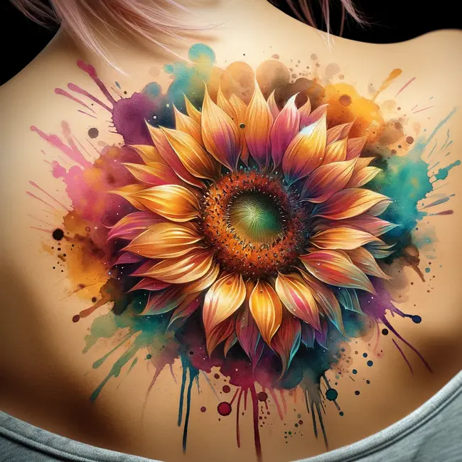 The tattoo depicts a watercolor sunflower on the back, using vivid colors and soft transitions for a dynamic, artistic look.