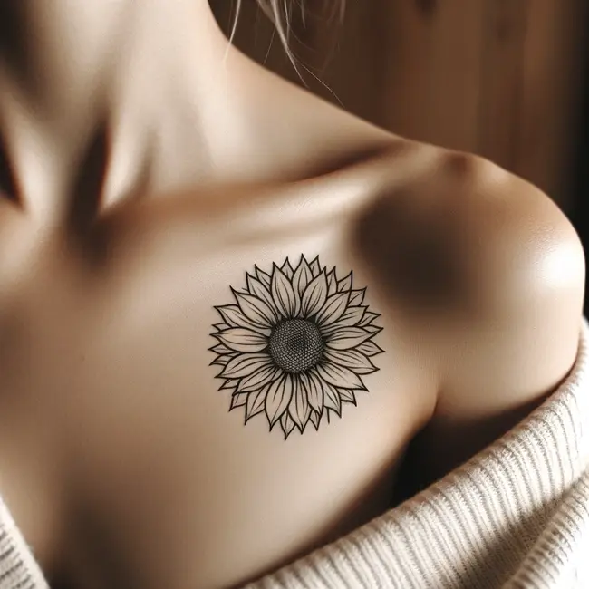 The tattoo displays a sunflower outline on the collarbone, highlighting minimalist beauty and body shape.