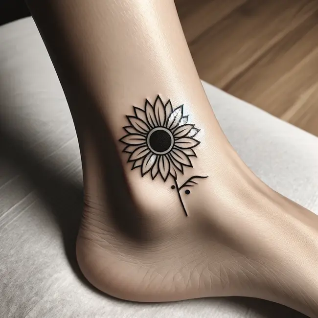 The image features a minimalist sunflower tattoo on the ankle, capturing the flower's essence with simple lines and a dot for the center.
