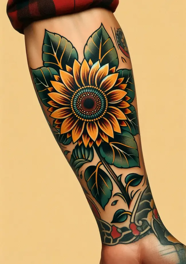 The image features a traditional sunflower tattoo with bold outlines and vibrant colors, displaying the classic tattoo style.
