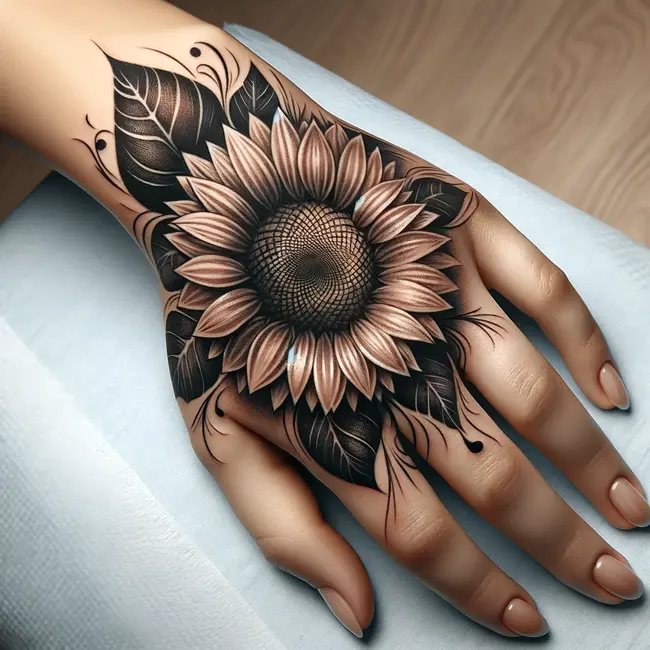 The tattoo depicts a detailed sunflower on the back of the hand, with petals radiating outwards.