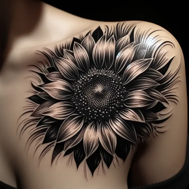 The tattoo features a detailed black sunflower on the shoulder, creating a striking monochromatic look.