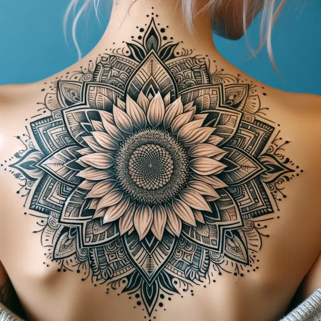 Татуировка изображает мандалу подсолнуха на спине, объединяя детальные цветочные и геометрические узоры.