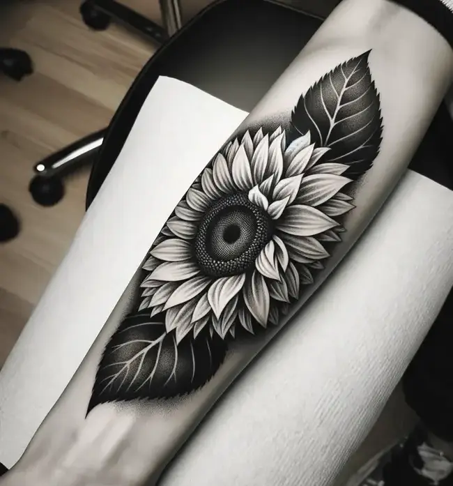 Изображение представляет собой детальную черно-белую татуировку подсолнуха на предплечье.