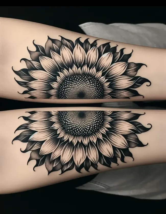The tattoo shows two sunflower halves on each forearm, forming a complete sunflower when joined, emphasizing unity and beauty.