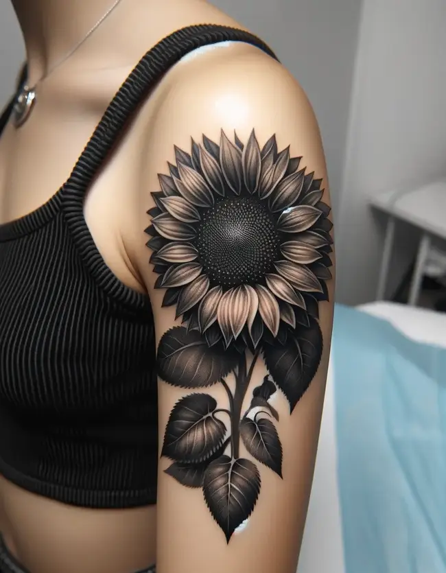 The tattoo depicts a realistic black and grey sunflower on the upper arm, designed with detailed shading.