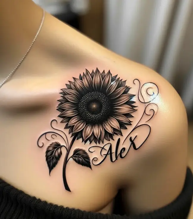 The tattoo showcases a sunflower with 'Alex' scripted on the shoulder, blending detail and personal touch.