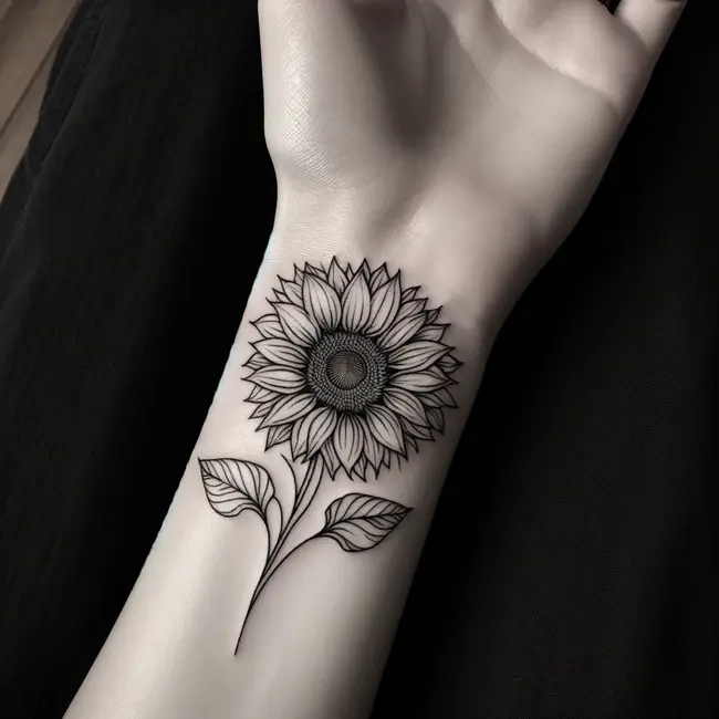 The image features a delicate sunflower tattoo on the wrist, depicted with intricate fine lines for a minimalistic and elegant design.