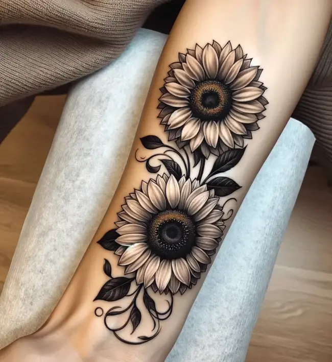 The image features a daisy and sunflower tattoo on the forearm, intertwined to highlight their beauty in a simple yet striking manner.