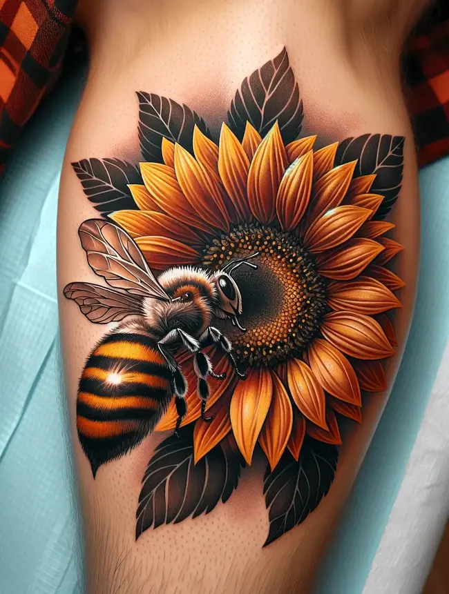 The tattoo depicts a sunflower with a bee on the calf, highlighting their natural interaction and cooperation in a vivid design.