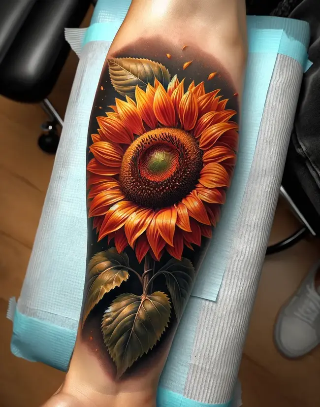 The tattoo features a lifelike sunflower with vibrant details on the forearm, emphasizing natural beauty.