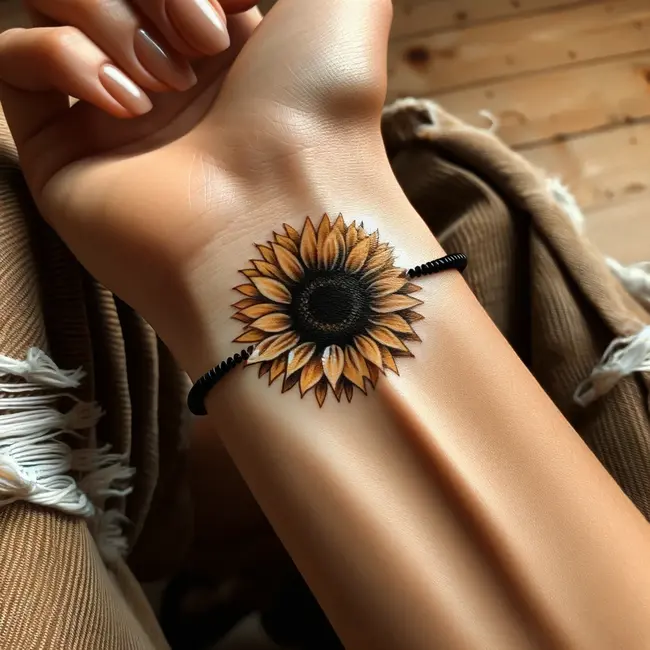 The tattoo features a single sunflower encircling the wrist, resembling a natural bracelet.