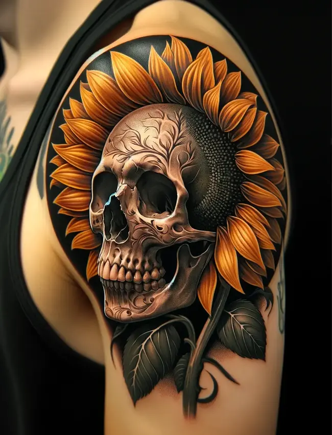 The tattoo combines a skull with sunflower petals on the upper arm, depicting life and death in an engaging design.