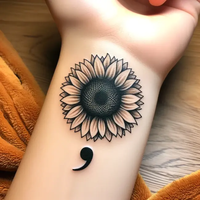 The tattoo on the wrist features a sunflower with a semicolon center, symbolizing hope in a simple design.