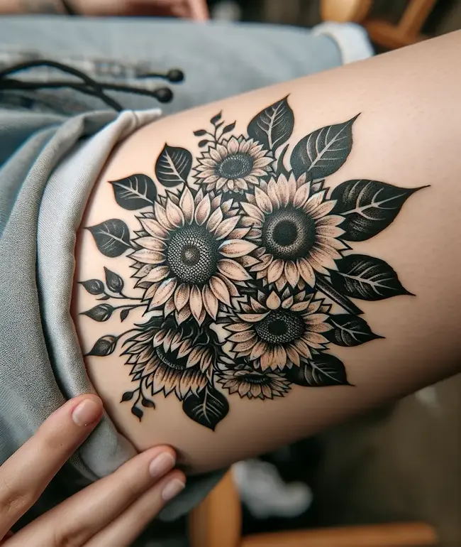The image showcases a sunflower bouquet tattoo on the thigh, featuring a vibrant cluster of sunflowers with detailed petals.