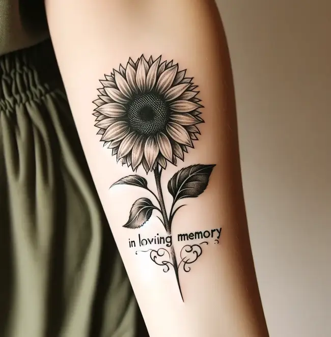 Татуировка изображает подсолнух с надписью 